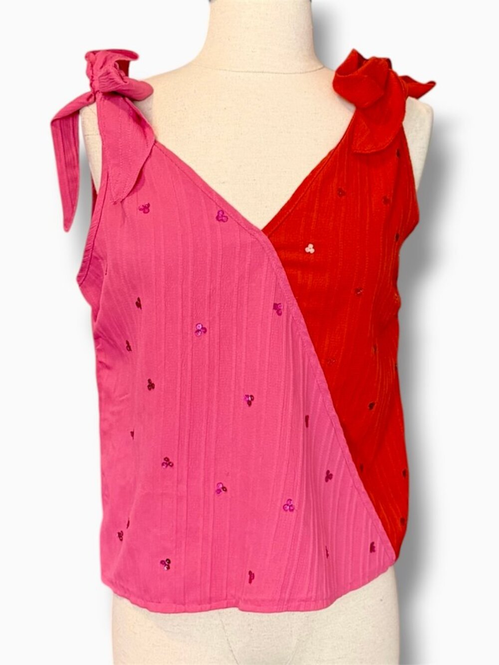 Embellished Sequin Pink Red Colorblock Tie Shoulder Tank Top Cami Small